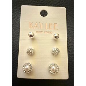 Kay Lee New York Womens Stud Earring Set Pearl Crystal Ball Silver Tone 3 Pair